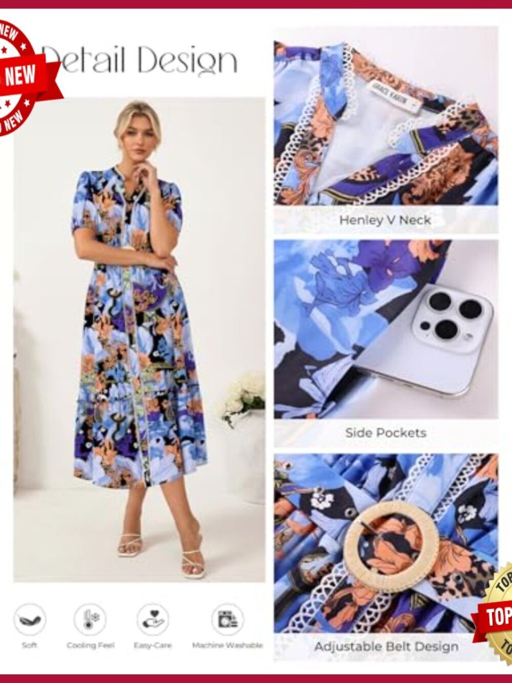 Floral Maxi Dress with Pockets & Belt, Puff Sleeves, Casual Boho Style - Picture 5 of 7